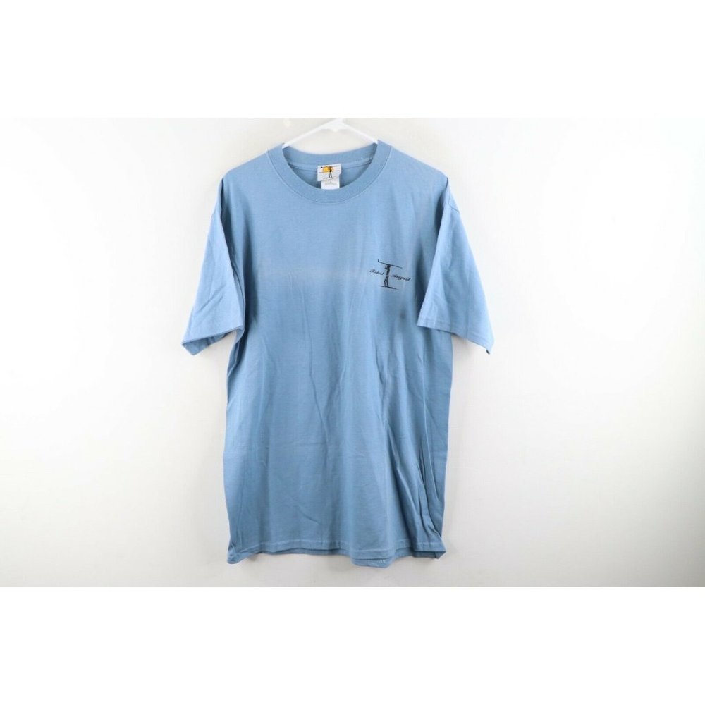 Vintage 90s Robert August Surfing Spell Out Autographed T-Shirt Blue